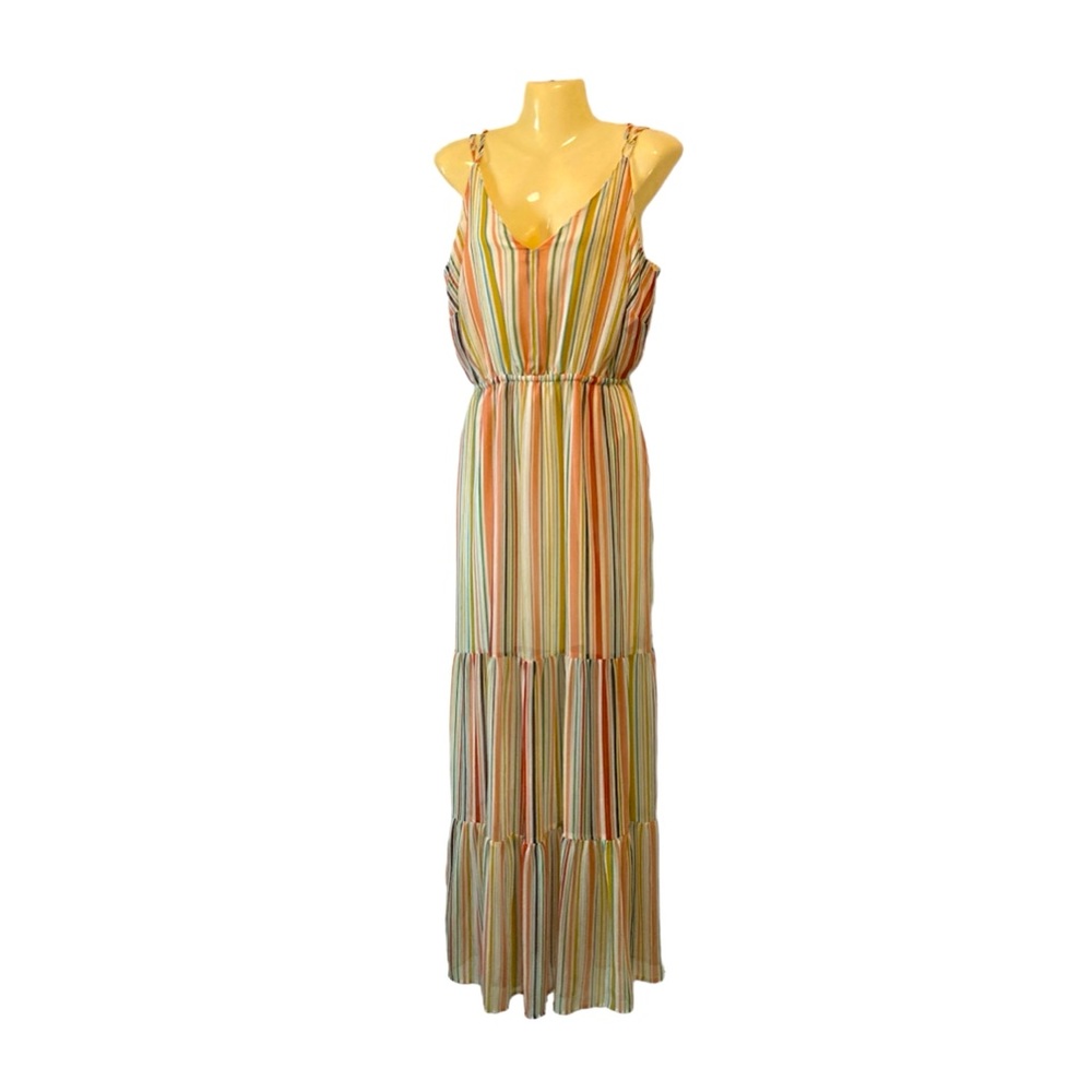 Jack by BB Dakota Racer Back Maxi Dress Bohemian Retro Multicolored Striped Med